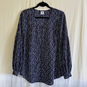 Cabi Love Style #5336 Blue & White Te Amo Print Blouse Women's Size Medium